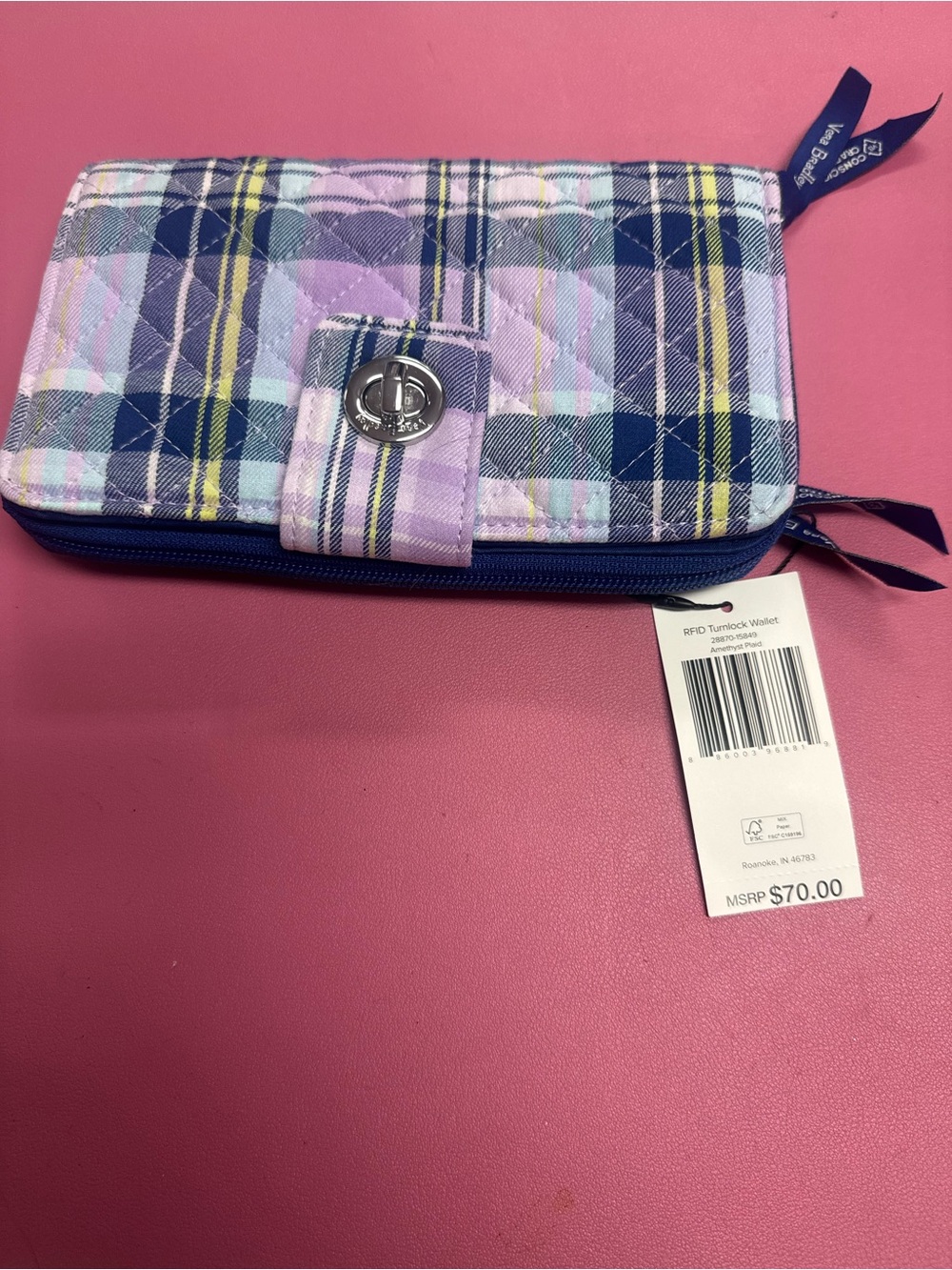 Vera Bradley Lavender & Navy Plaid RFID Turnlock Wallet